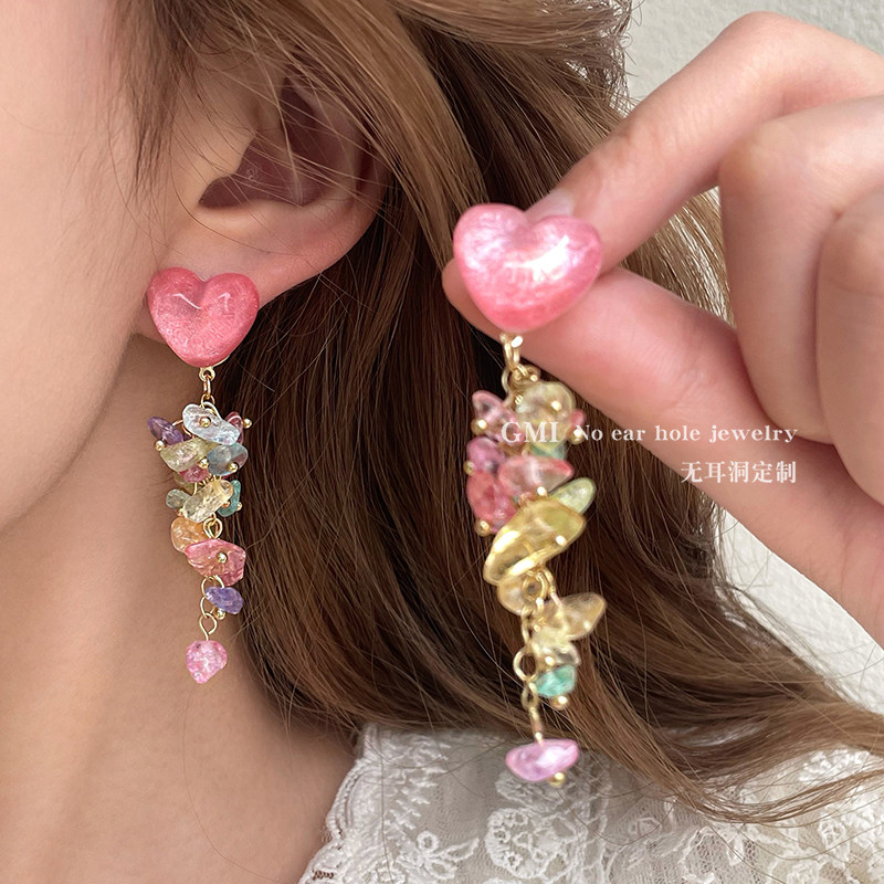 多巴胺爱心玉石无耳洞耳夹女士夸张长款流苏小众高级感蚊香盘耳环