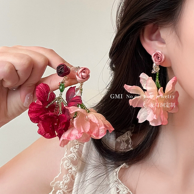 红色雪纺花朵耳夹无耳洞女士海边度假风旅拍耳环夸张气质串珠耳钉
