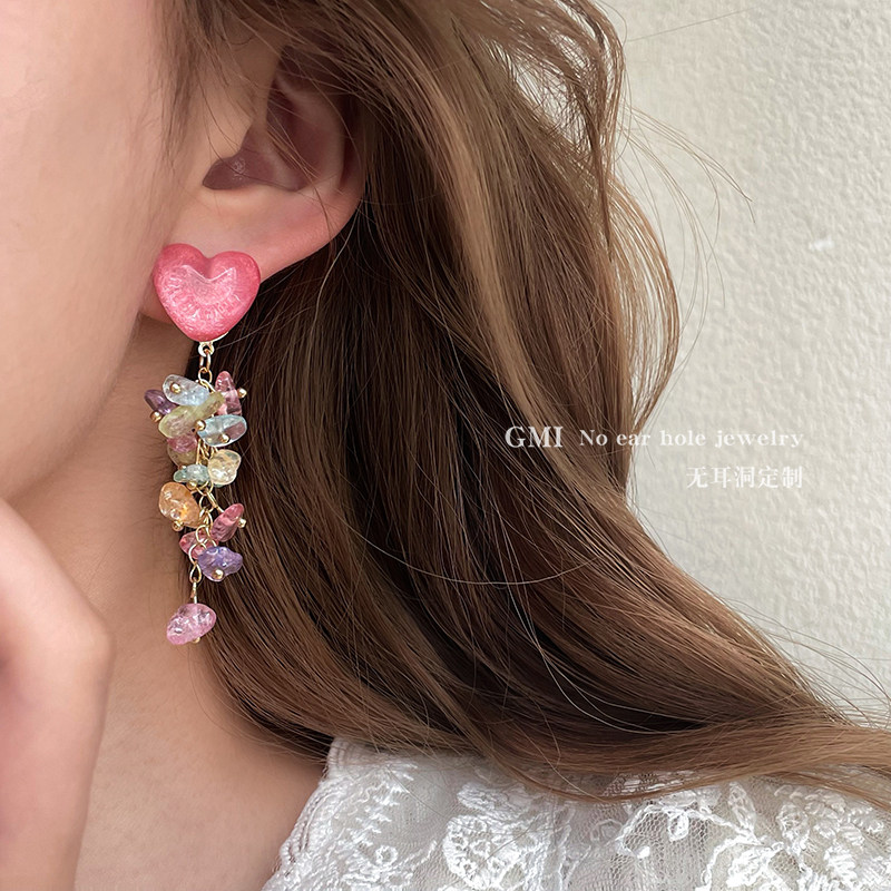 多巴胺爱心玉石无耳洞耳夹女士夸张长款流苏小众高级感蚊香盘耳环