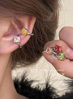 黄色方形锆石无耳洞耳夹女2025新款百搭耳骨夹轻奢小众高级感耳饰