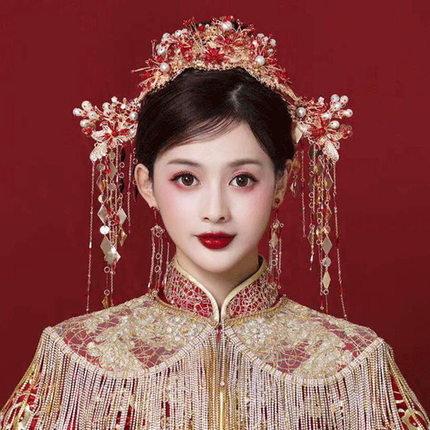 秀禾头饰新娘古风凤冠大气中式禾服红色秀禾服结婚步摇古装饰品