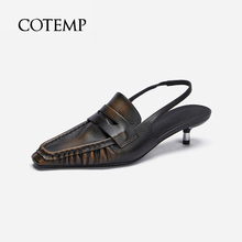 COTEMP V Loafer黑色擦棕牛皮乐福鞋平底通勤凉鞋复古绑带小猫跟