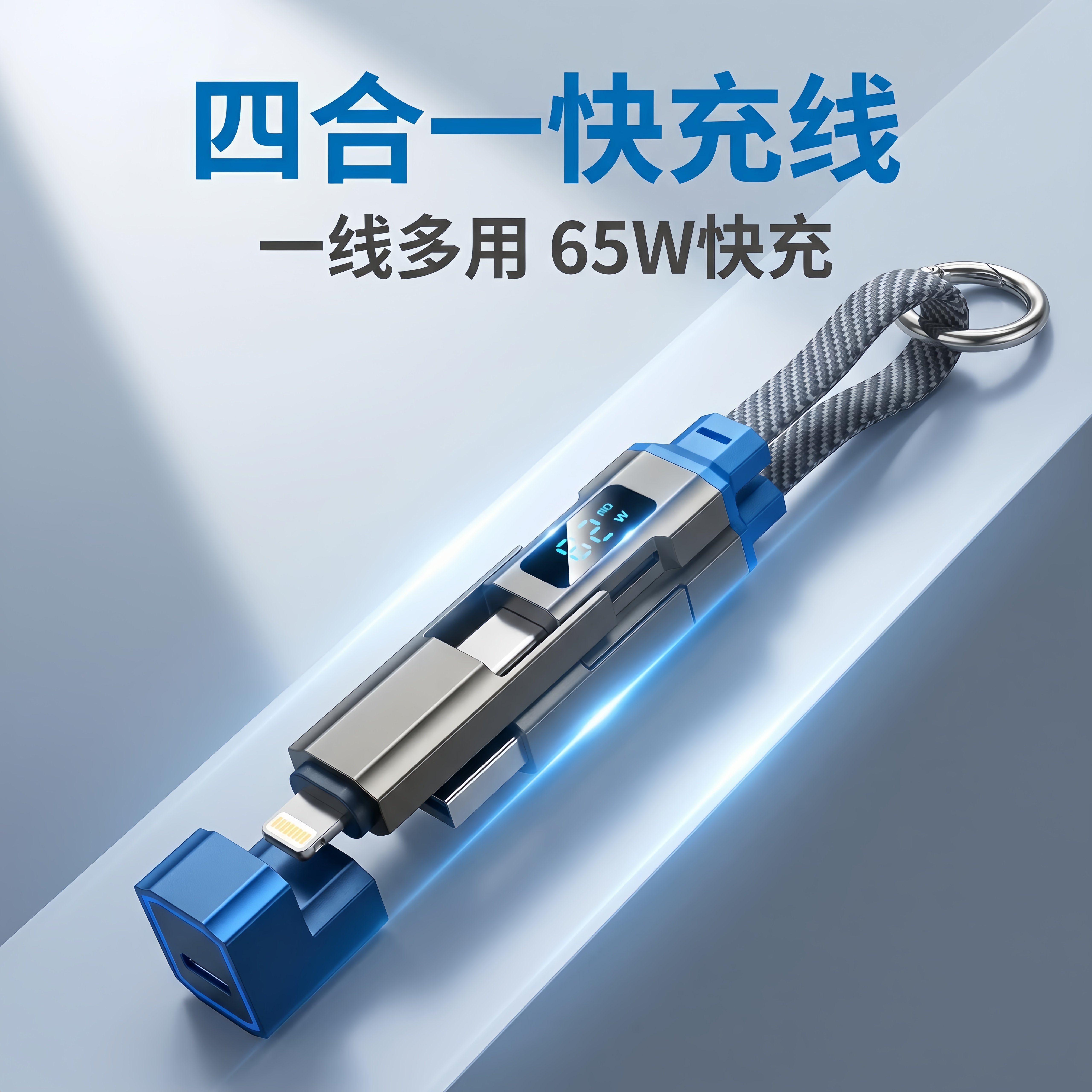 数显短款钥匙扣四合一数据线65w超级快充typec适用苹果17/16/15华为荣耀13通用ctoc便携lightning转接充电线
