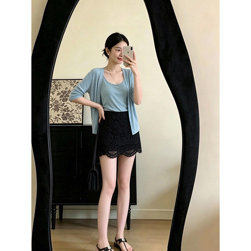 parkyeon女装韩系晒开衫吊带女夏季新款修身显瘦蕾丝半身裙两件套
