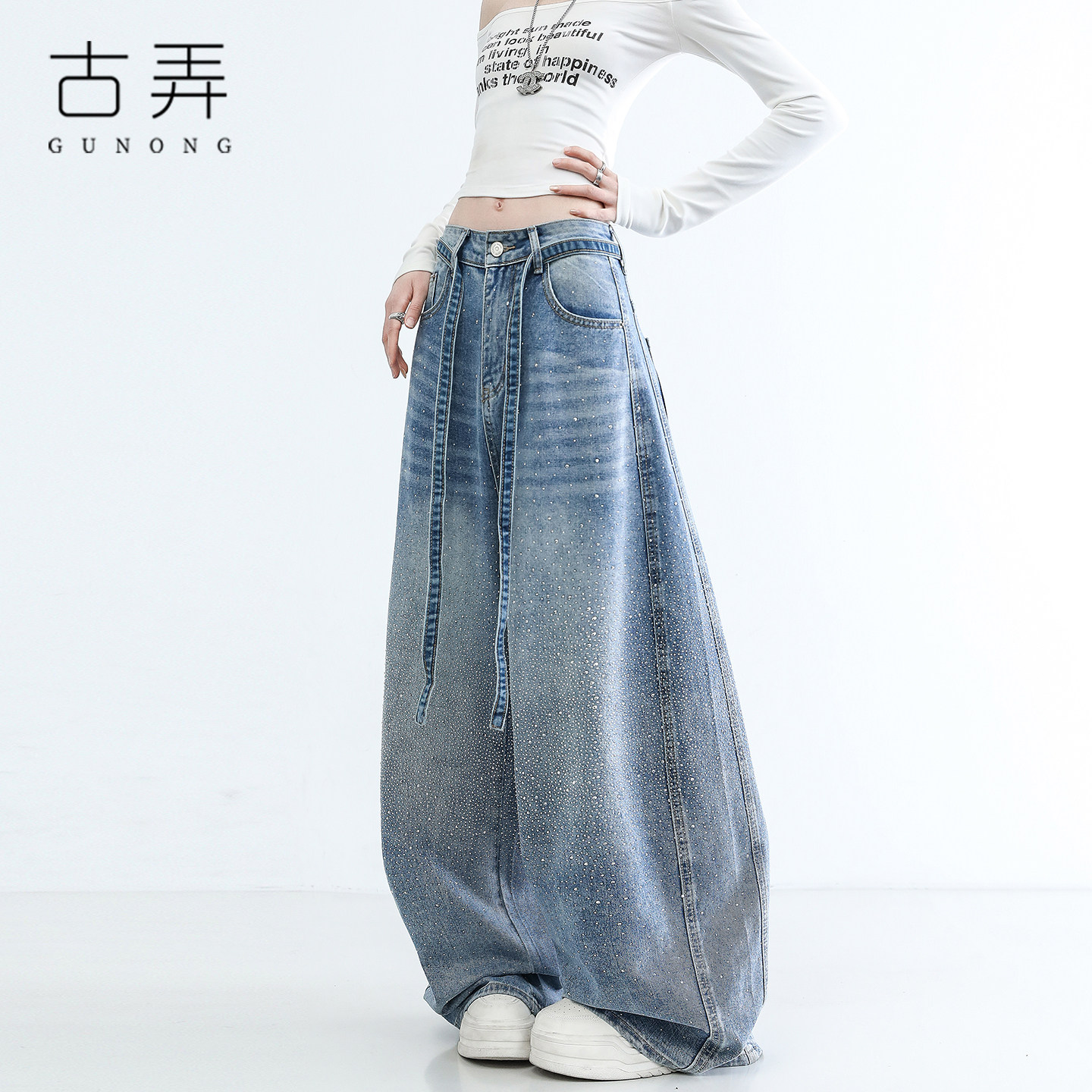 古弄满天星烫钻牛仔裤女2026春季高端显瘦阔腿裤今年流行超火裤子