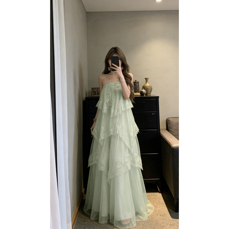 parkyeon度假风露背吊带蕾丝连衣裙飘逸高腰显瘦仙女裙夏季套装
