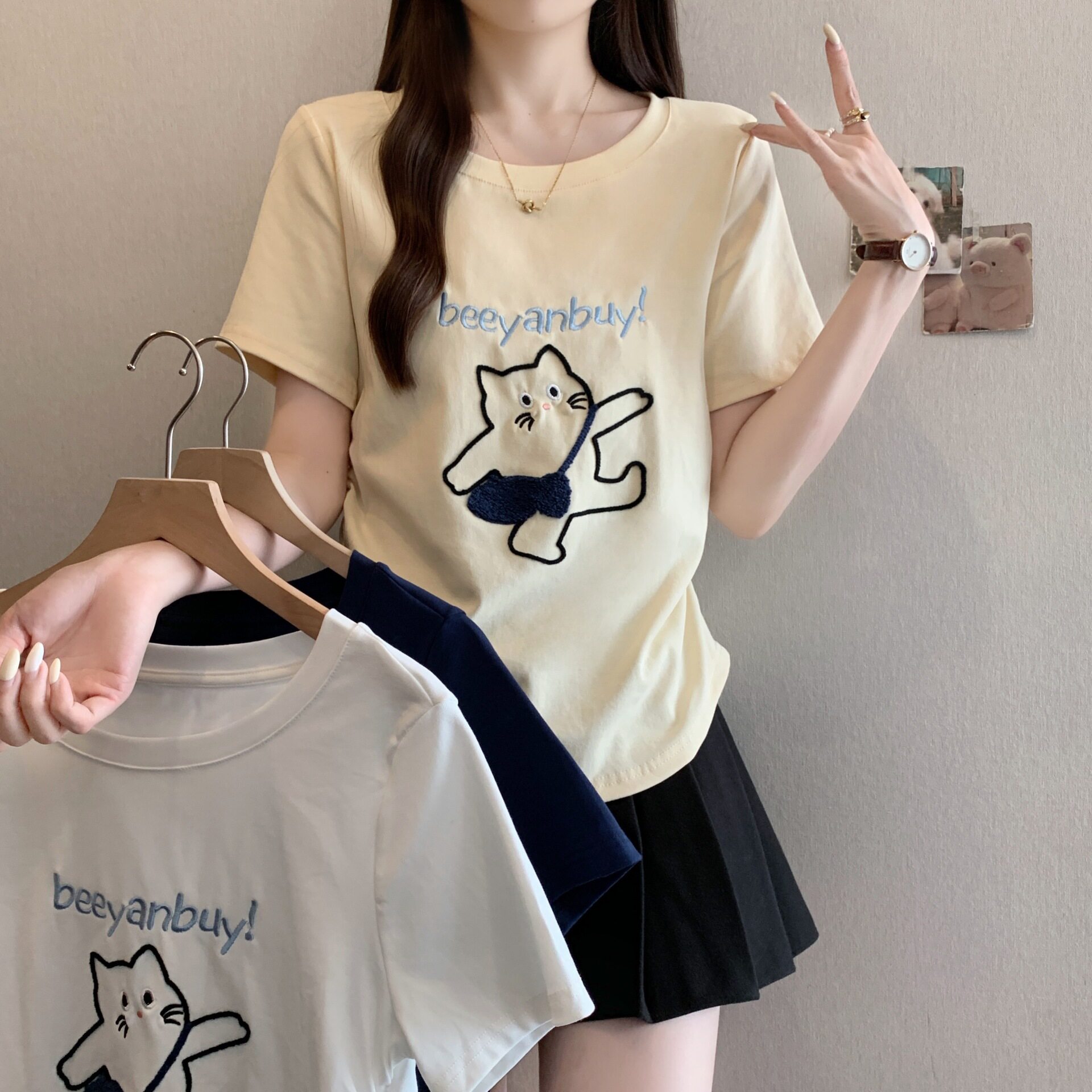 2025夏装新款胖mm大码卡通小猫刺绣短袖t恤褶皱收腰减龄上衣80037