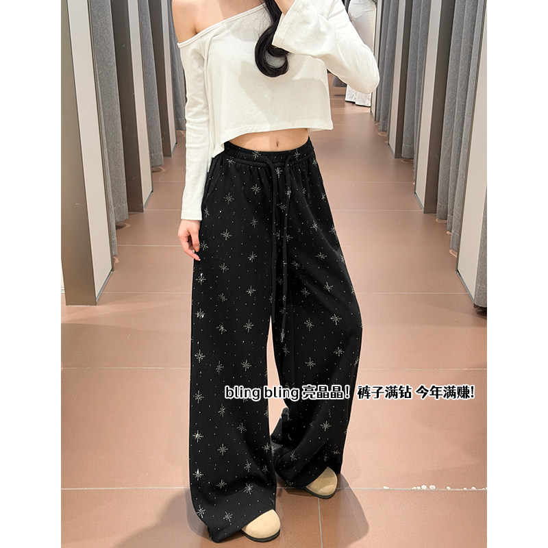 慵懒风咖色亮片运动裤女早秋2026新款休闲宽松空气感阔腿卫裤
