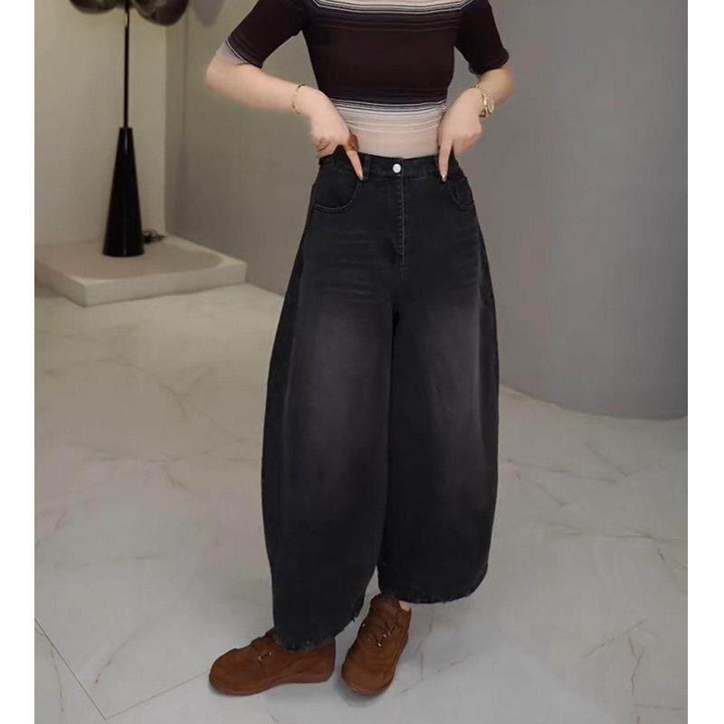 牛仔裤女士2025年冬季新款爆款裤子加绒小个子加厚弯刀阔腿裤黑色