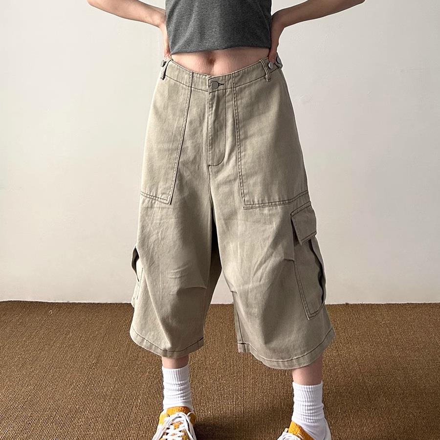 美式复古街头多口袋工装七分裤男女百搭夏季潮流宽松阔腿休闲短裤