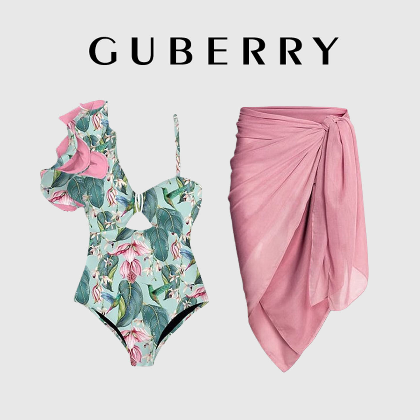 GUBERRY泳装法式复古印花单肩荷叶边沙滩泡温泉裙式连体泳衣裹裙