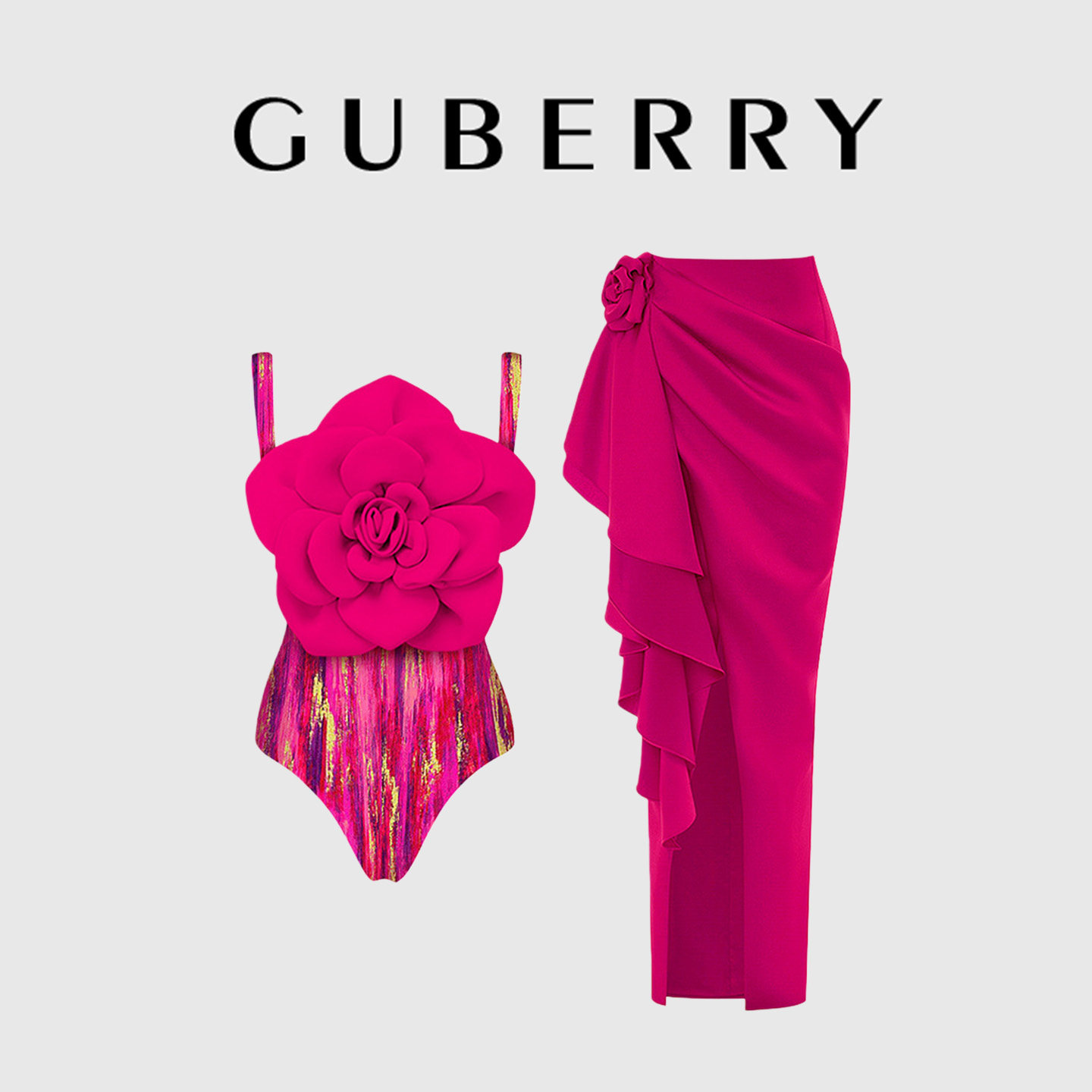 GUBERRY泳装欧美黑白立体大花性感连体泳衣沙滩泡温泉度假套装裙