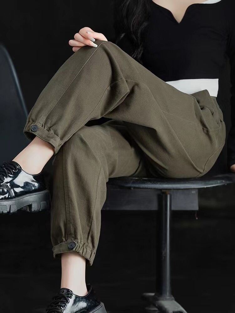 军绿色工装裤女2025新款裤子ins高街潮春秋宽松运动休闲裤哈伦裤