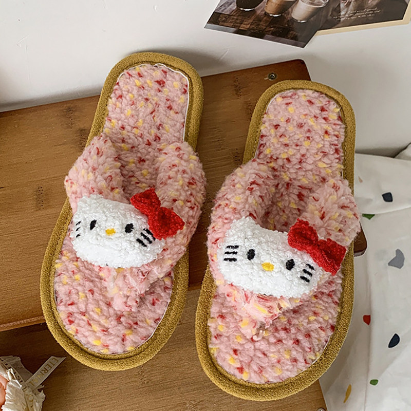 kitty猫毛绒绒拖鞋女秋冬季室内居家防滑平底大码 凯蒂猫人字棉拖