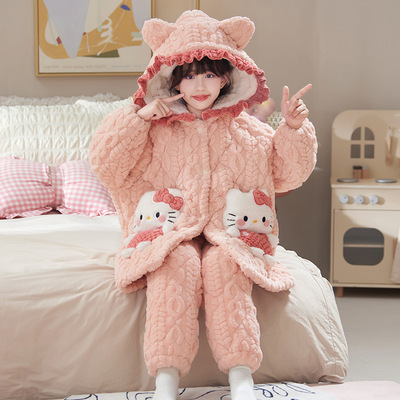 凯蒂猫珊瑚绒连帽家居服