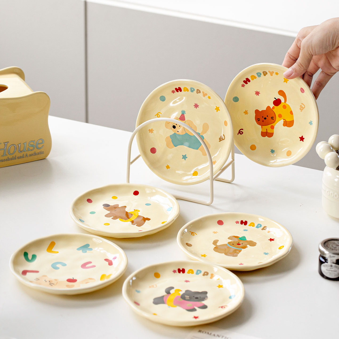 奶油风陶瓷盘家用菜盘子卡通可爱盘子早餐盘加厚餐具蛋糕盘甜品盘