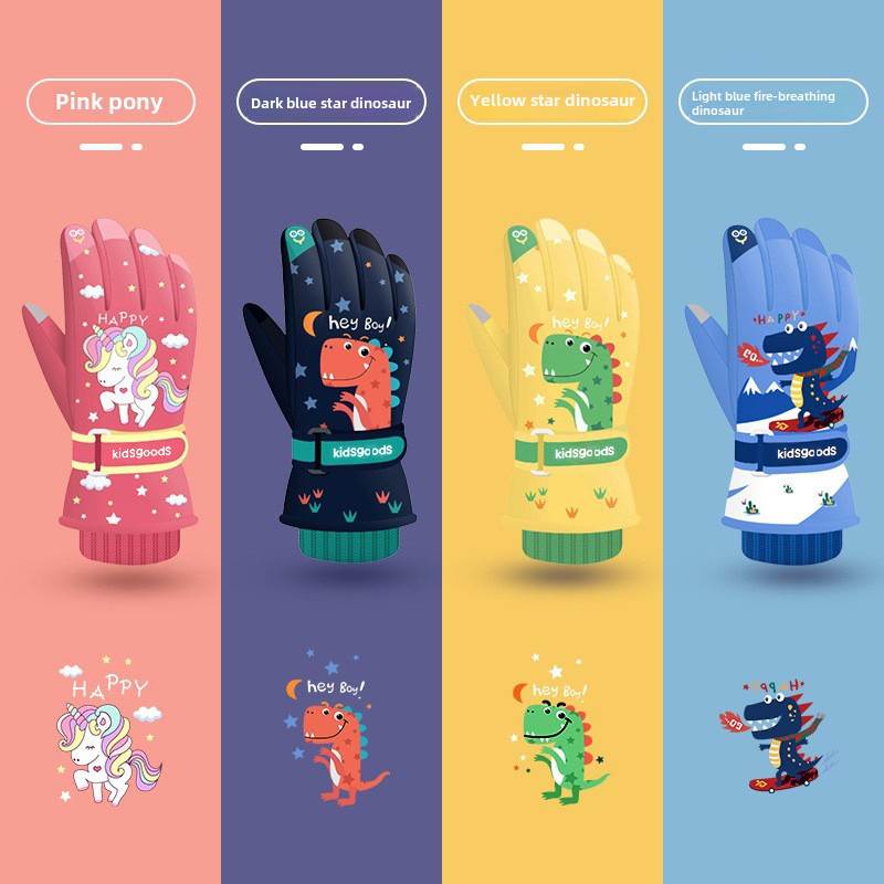 儿童滑雪手套户外玩雪男孩卡通防风防水羊毛衬里加厚冬季防寒五指