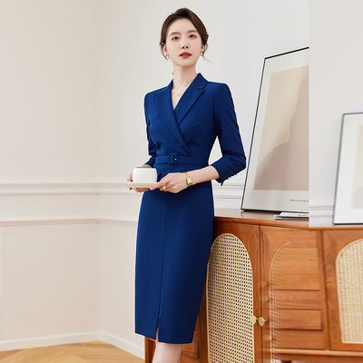 柏易兰职业装连衣裙蓝色春秋气质