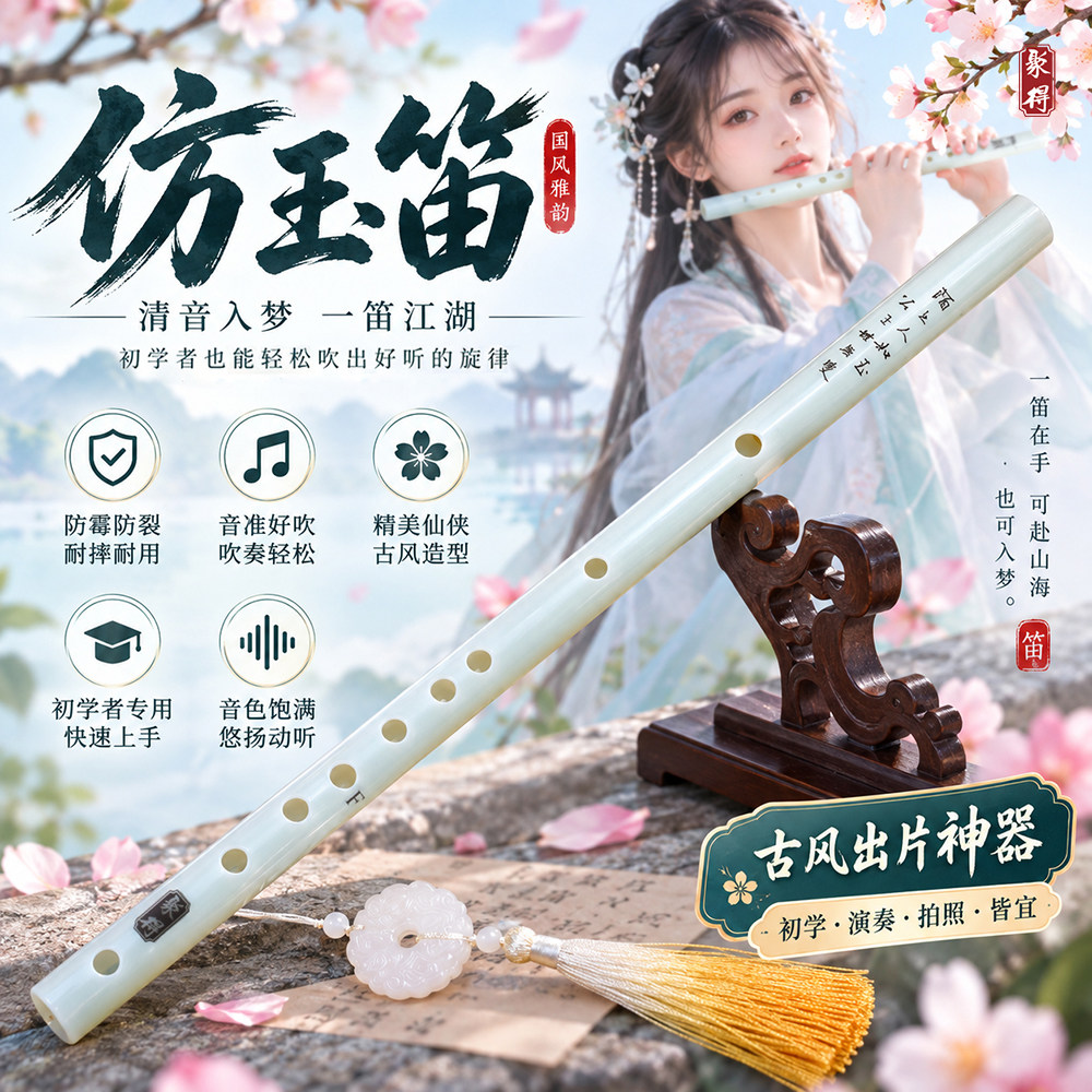 仿玉笛古风一节笛子初学者F调耐摔防裂民族横笛成人儿童传统乐器