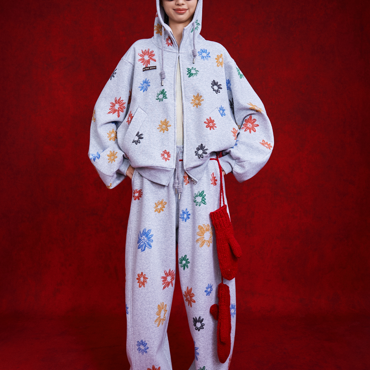 ANGEL CHEN设计师品牌陈安琪 PS26 浅灰繁花印花连帽卫衣外套