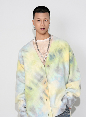 ANGEL CHEN陈安琪 原创设计秋新款扎染V领宽松羊毛针织衫开衫毛衣