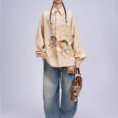 ANGEL CHEN设计师品牌陈安琪 SS26 多色手绘彩虹马印花衬衫