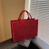 新中式 国风复古手提单肩帆布包新款 结婚包女新娘包大容量红色包包