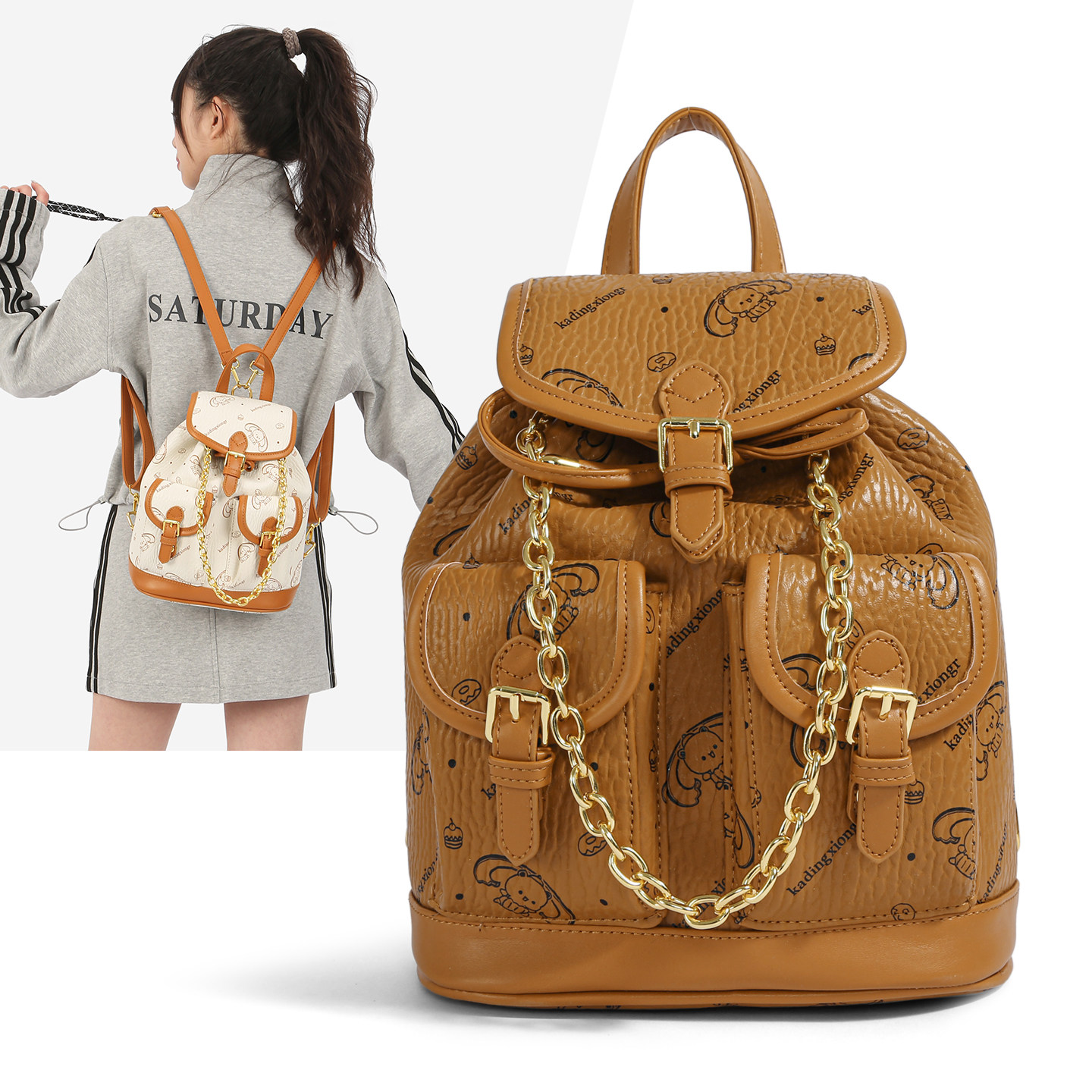 喻兮渔复古链条双肩包女学生质感翻盖多口袋背包时尚潮流,箱包皮具/热销女包/男包,双肩背包,淘宝优惠券,粉丝福利购,淘宝优惠卷