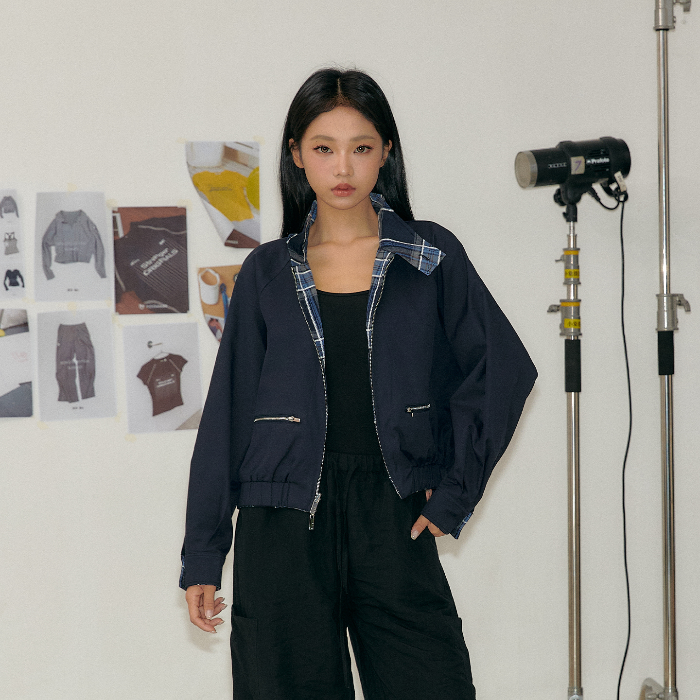 11E 2025秋新款休闲宽松百搭长袖上衣藏青色格纹双面穿短外套女款