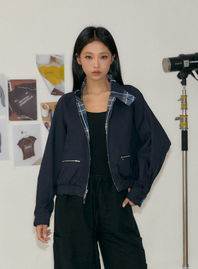 11E 2025秋新款休闲宽松百搭长袖上衣藏青色格纹双面穿短外套女款