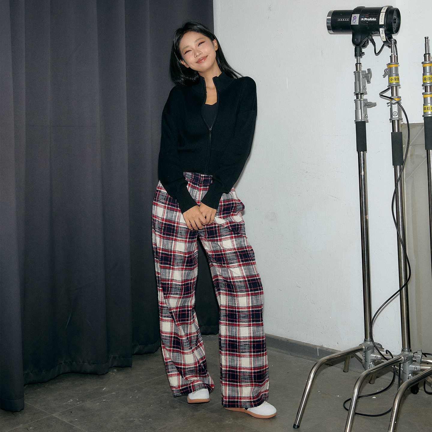 11E 棉复古红格条纹休闲裤女秋季新款低腰宽松阔腿裤休闲拖地裤