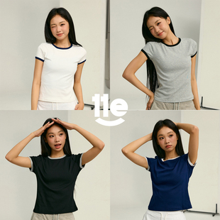 11E 美式复古拼色圆领短袖t恤女2025夏季新款百搭修身上衣