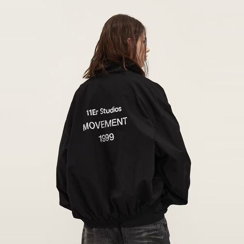 11E 做旧字母印花夹克美式字母logo休闲宽松拉链夹克外套