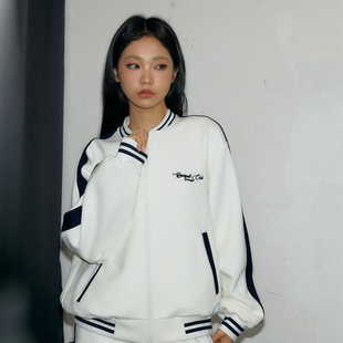 11E 网球老钱风航海系空气层刺绣logo条纹棒球领拉链外套男女 秋季