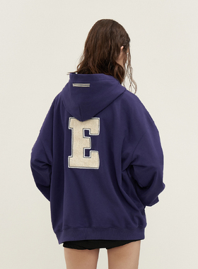 11E 毛巾绣大E套头卫衣美式潮牌男女同款宽松套头情侣帽衫