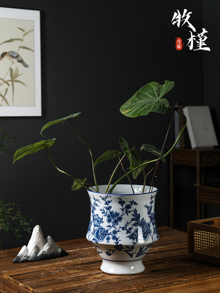 景德镇陶瓷花盆家用中式覆古大号口径高档青花瓷客厅绿植高脚花器