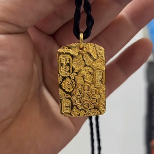 古法錾刻吉言平安项链手工锤纹招财纳福黄金色挂件毛衣链新款配饰