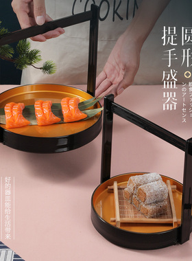 中式糕点盘子密胺盘子红色手提盘点心盘提梁创意凉菜盘日式手提盘