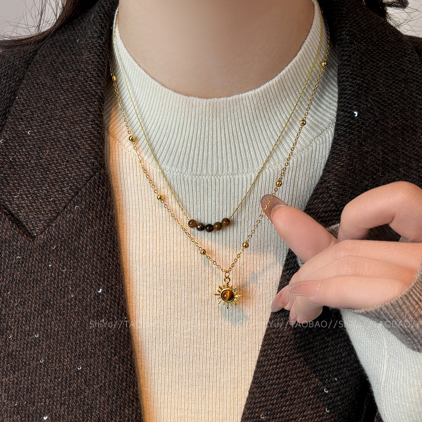 诗娱2026新款复古虎眼石项链女高级感轻奢小众叠戴毛衣链秋冬配饰,饰品/流行首饰/时尚饰品新,项链,淘宝优惠券,粉丝福利购,淘宝优惠卷