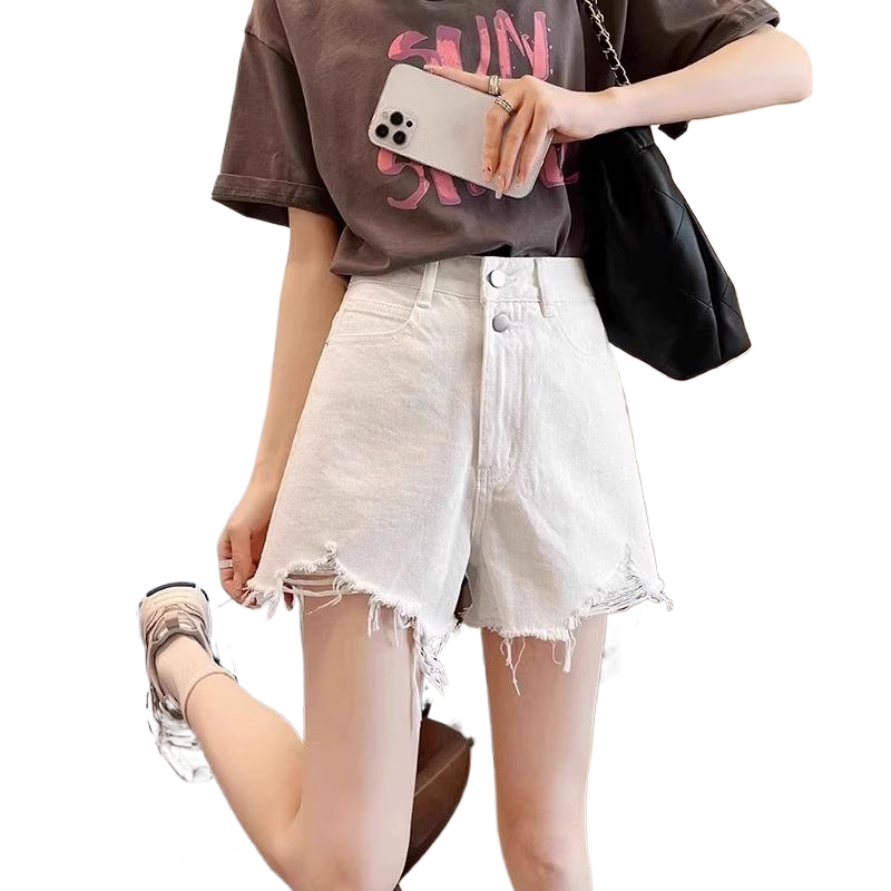 白色高腰辣妹牛仔短裤女夏季薄款2025新款小个子破洞a字阔腿热裤