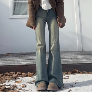 怀旧蓝高腰微喇牛仔裤 子 女秋冬加绒保暖显瘦宽松不贴腿弹力喇叭裤