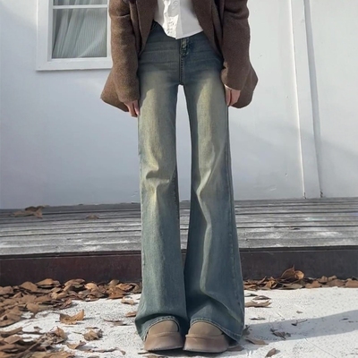 怀旧蓝高腰宽松不贴腿弹力喇叭裤