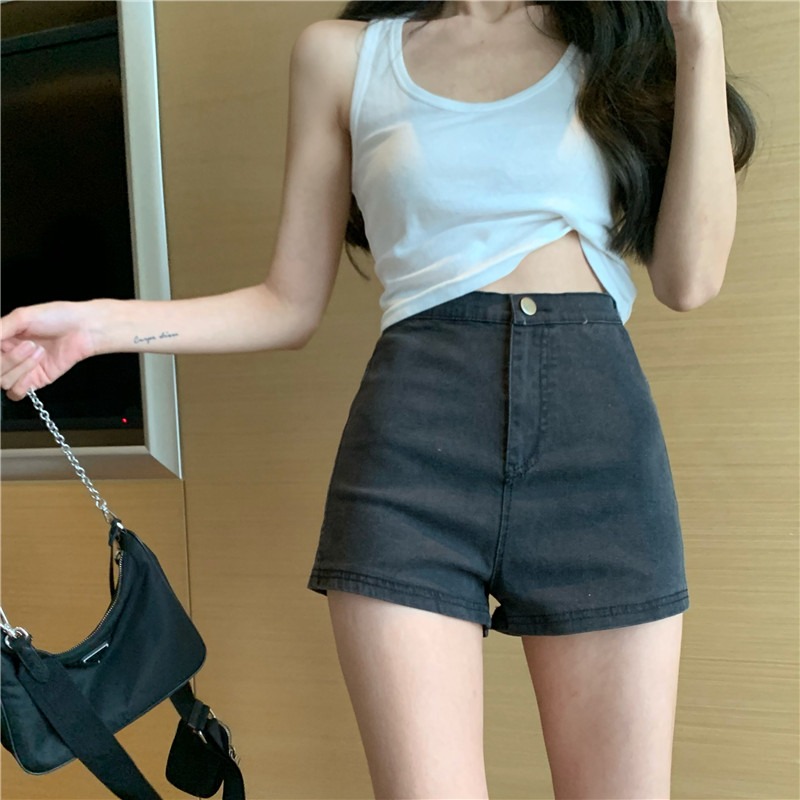 灰色高腰牛仔短裤女夏薄款2023新款紧身提臀辣妹a字显瘦热裤潮ins