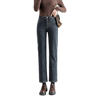 八分直筒牛仔裤女秋冬季2025年新款高腰显瘦九分小个子加绒烟管裤