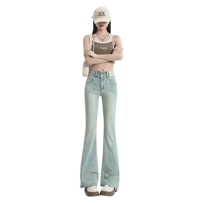 美式设计感微喇牛仔裤女2025春秋新款双扣高腰显瘦弹力提臀喇叭裤