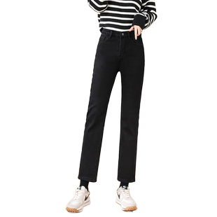 黑色烟管牛仔裤女2023年新款秋冬季小个子高腰显瘦加绒九分直筒裤