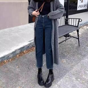 加绒牛仔裤女2024秋冬新款高腰直筒九分法棍裤小个子显瘦烟管长裤
