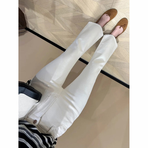 白色高腰修身弹力显瘦九分微喇裤