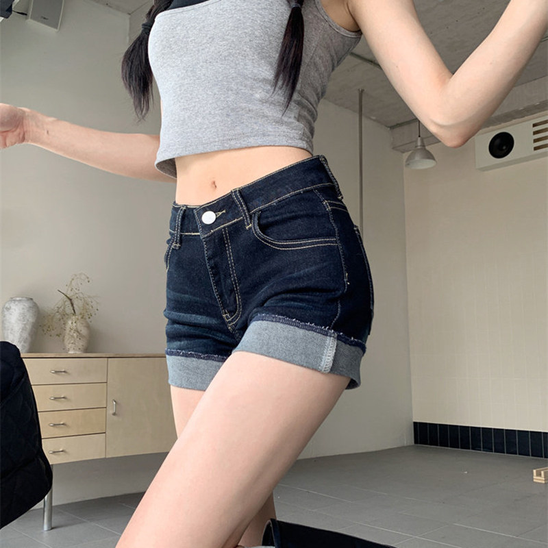 美式高腰性感超短裤紧身牛仔裤女夏季深蓝色设计感卷边辣妹热裤子