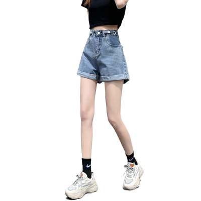 可调节高腰卷边阔腿牛仔短裤